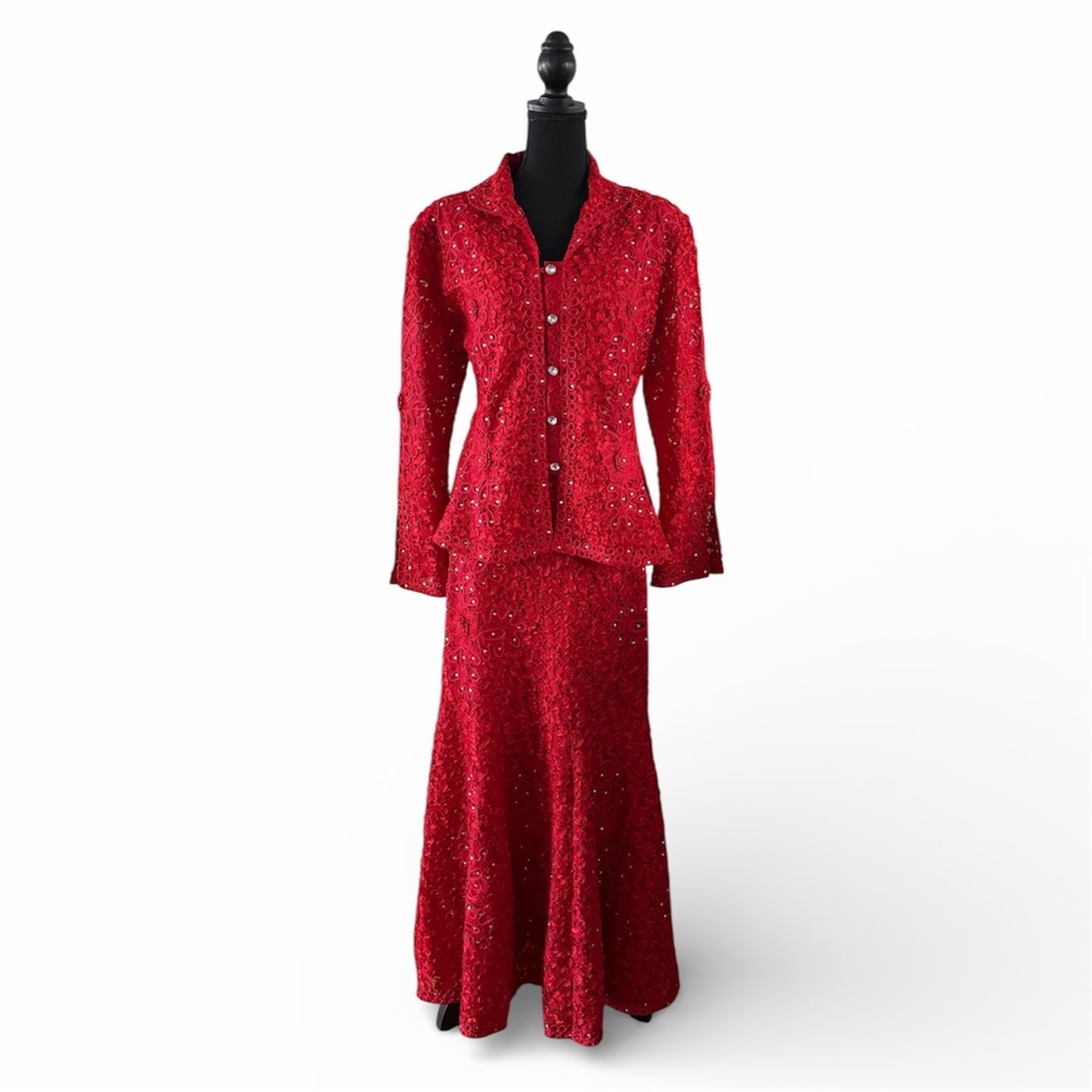 Idun’s Design Red 3pc Maxi Skirt Suit w/Lace Embroidery Rhinestones, VTG, 18